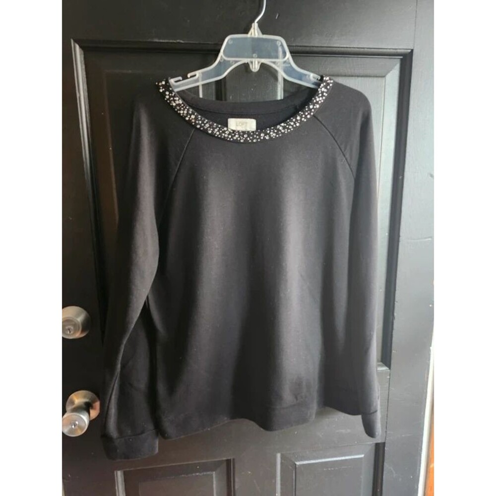 LOFT Black Embellished Rhinestone Neckline Long Sleeve Top Sweater Size Large Gr